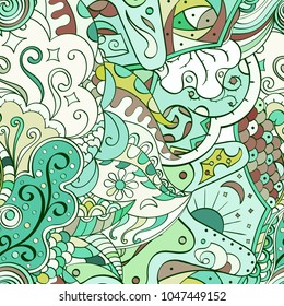 Tracery seamless pattern. Mehndi design. Ethnic colorful doodle texture. Curved doodling background. Vector