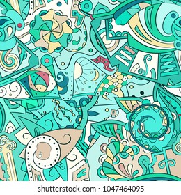 Tracery seamless pattern. Mehndi design. Ethnic colorful doodle texture. Curved doodling background. Vector