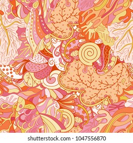 Tracery seamless pattern. Mehndi design. Ethnic colorful doodle texture. Curved doodling background. Vector