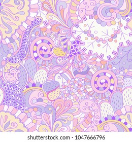 Tracery seamless pattern. Mehndi design. Ethnic colorful doodle texture. Curved doodling background. Vector