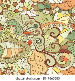 Tracery seamless pattern. Mehndi design. Ethnic colorful doodle texture. Curved doodling background. Vector
