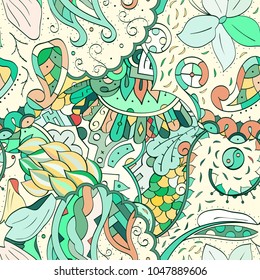Tracery seamless pattern. Mehndi design. Ethnic colorful doodle texture. Curved doodling background. Vector