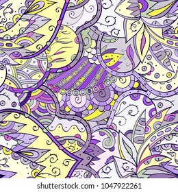 Tracery seamless pattern. Mehndi design. Ethnic colorful doodle texture. Curved doodling background. Vector