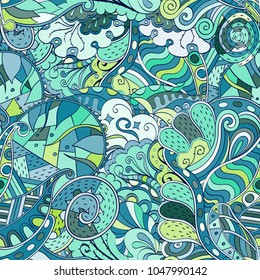 Tracery seamless pattern. Mehndi design. Ethnic colorful doodle texture. Curved doodling background. Vector