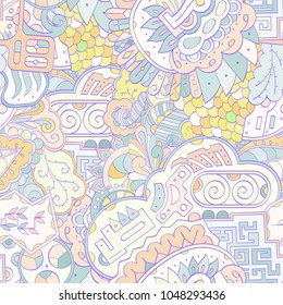 Tracery seamless pattern. Mehndi design. Ethnic colorful doodle texture. Curved doodling background. Vector