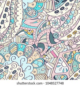 Tracery seamless pattern. Mehndi design. Ethnic colorful doodle texture. Curved doodling background. Vector