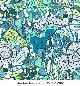 Tracery seamless pattern. Mehndi design. Ethnic colorful doodle texture. Curved doodling background. Vector