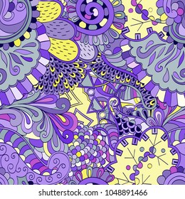 Tracery seamless pattern. Mehndi design. Ethnic colorful doodle texture. Curved doodling background. Vector