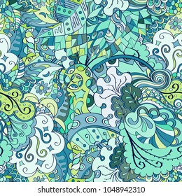 Tracery seamless pattern. Mehndi design. Ethnic colorful doodle texture. Curved doodling background. Vector