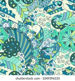 Tracery seamless pattern. Mehndi design. Ethnic colorful doodle texture. Curved doodling background. Vector