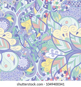 Tracery seamless pattern. Mehndi design. Ethnic colorful doodle texture. Curved doodling background. Vector