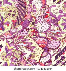 Tracery seamless pattern. Mehndi design. Ethnic colorful doodle texture. Curved doodling background. Vector