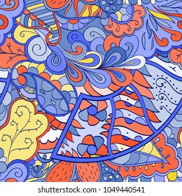 Tracery seamless pattern. Mehndi design. Ethnic colorful doodle texture. Curved doodling background. Vector