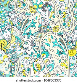 Tracery seamless pattern. Mehndi design. Ethnic colorful doodle texture. Curved doodling background. Vector