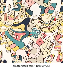 Tracery seamless pattern. Mehndi design. Ethnic colorful doodle texture. Curved doodling background. Vector