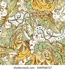Tracery seamless pattern. Mehndi design. Ethnic colorful doodle texture. Curved doodling background. Vector
