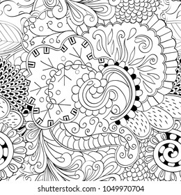 Tracery seamless pattern. Mehndi design. Ethnic monochrome binary doodle texture. Curved doodling black and white background. Vector