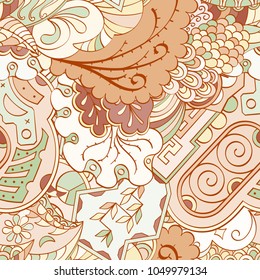 Tracery seamless pattern. Mehndi design. Ethnic colorful doodle texture. Curved doodling background. Vector