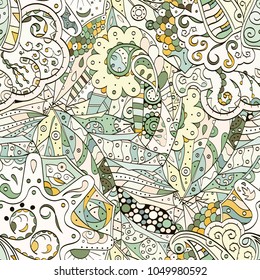 Tracery seamless pattern. Mehndi design. Ethnic colorful doodle texture. Curved doodling background. Vector