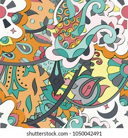 Tracery seamless pattern. Mehndi design. Ethnic colorful doodle texture. Curved doodling background. Vector