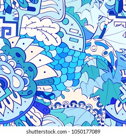 Tracery seamless pattern. Mehndi design. Ethnic colorful doodle texture. Curved doodling background. Vector