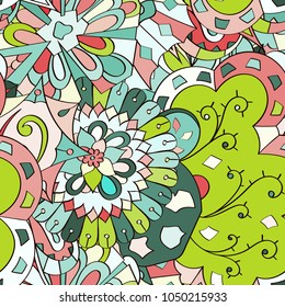Tracery seamless pattern. Mehndi design. Ethnic colorful doodle texture. Curved doodling background. Vector