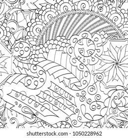 Tracery seamless pattern. Mehndi design. Ethnic monochrome binary doodle texture. Curved doodling black and white background. Vector