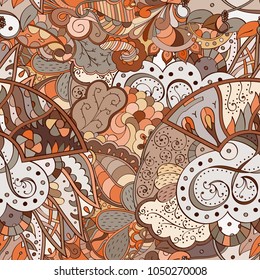 Tracery seamless pattern. Mehndi design. Ethnic colorful doodle texture. Curved doodling background. Vector