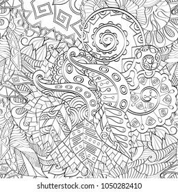 Tracery seamless pattern. Mehndi design. Ethnic monochrome binary doodle texture. Curved doodling black and white background. Vector