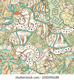 Tracery seamless pattern. Mehndi design. Ethnic colorful doodle texture. Curved doodling background. Vector