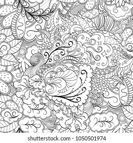 Tracery seamless pattern. Mehndi design. Ethnic monochrome binary doodle texture. Curved doodling black and white background. Vector