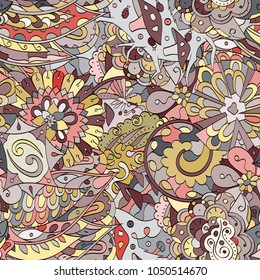 Tracery seamless pattern. Mehndi design. Ethnic colorful doodle texture. Curved doodling background. Vector