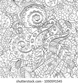 Tracery seamless pattern. Mehndi design. Ethnic monochrome binary doodle texture. Curved doodling black and white background. Vector