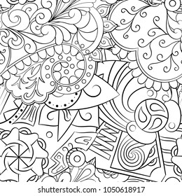 Tracery seamless pattern. Mehndi design. Ethnic monochrome binary doodle texture. Curved doodling black and white background. Vector