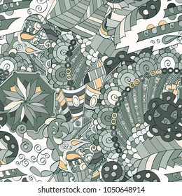 Tracery seamless pattern. Mehndi design. Ethnic colorful doodle texture. Curved doodling background. Vector