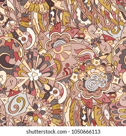 Tracery seamless pattern. Mehndi design. Ethnic colorful doodle texture. Curved doodling background. Vector