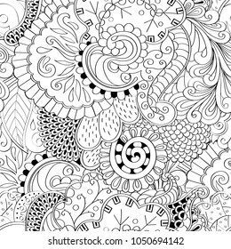 Tracery seamless pattern. Mehndi design. Ethnic monochrome binary doodle texture. Curved doodling black and white background. Vector