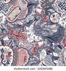 Tracery seamless pattern. Mehndi design. Ethnic colorful doodle texture. Curved doodling background. Vector