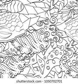 Tracery seamless pattern. Mehndi design. Ethnic monochrome binary doodle texture. Curved doodling black and white background. Vector