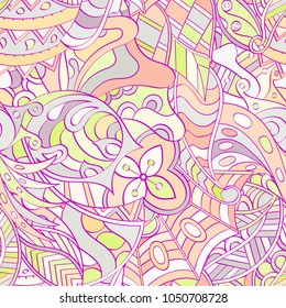 Tracery seamless pattern. Mehndi design. Ethnic colorful doodle texture. Curved doodling background. Vector