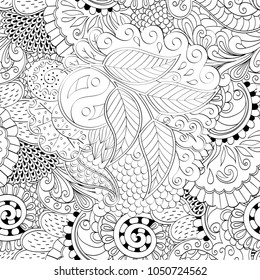Tracery seamless pattern. Mehndi design. Ethnic monochrome binary doodle texture. Curved doodling black and white background. Vector