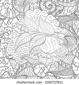 Tracery seamless pattern. Mehndi design. Ethnic monochrome binary doodle texture. Curved doodling black and white background. Vector