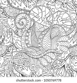 Tracery seamless pattern. Mehndi design. Ethnic monochrome binary doodle texture. Curved doodling black and white background. Vector