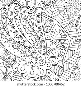 Tracery seamless pattern. Mehndi design. Ethnic monochrome binary doodle texture. Curved doodling black and white background. Vector