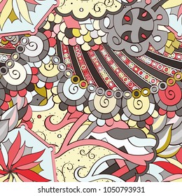 Tracery seamless pattern. Mehndi design. Ethnic colorful doodle texture. Curved doodling background. Vector