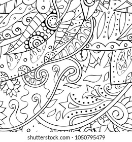 Tracery seamless pattern. Mehndi design. Ethnic monochrome binary doodle texture. Curved doodling black and white background. Vector