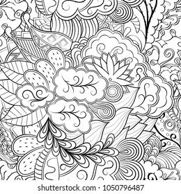 Tracery seamless pattern. Mehndi design. Ethnic monochrome binary doodle texture. Curved doodling black and white background. Vector