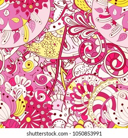 Tracery seamless pattern. Mehndi design. Ethnic colorful doodle texture. Curved doodling background. Vector
