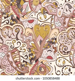 Tracery seamless pattern. Mehndi design. Ethnic colorful doodle texture. Curved doodling background. Vector