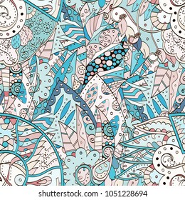 Tracery seamless pattern. Mehndi design. Ethnic colorful doodle texture. Curved doodling background. Vector